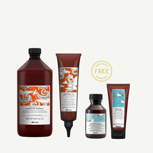 Davines ENERGIZING Shampoo 1000ml + Gel 150ml FREE Travel Sized Well-Being Shampoo and Conditioner