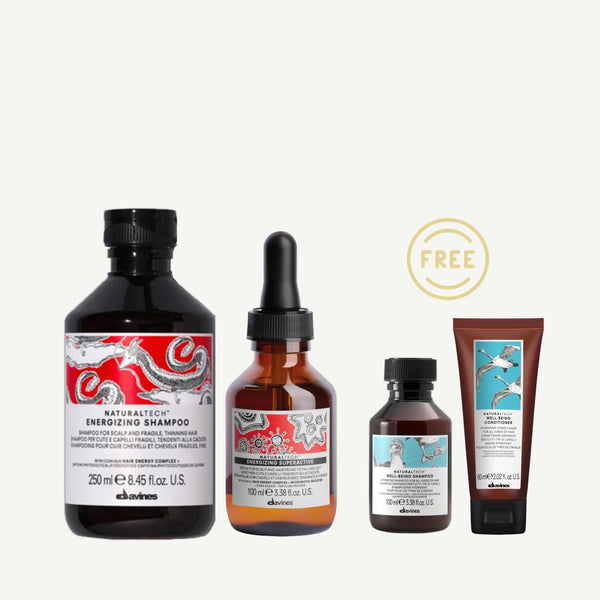 Davines ENERGIZING Shampoo 250ml + Superactive Serum 100ml FREE Travel Sized Well-being Shampoo + Conditioner