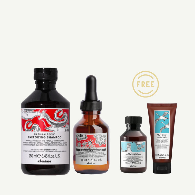 Davines ENERGIZING Shampoo 250ml + Superactive Serum 100ml FREE Travel Sized Well-being Shampoo + Conditioner