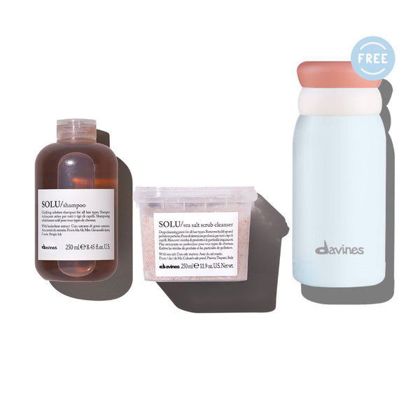 Davines Solu Shampoo 250ml + Solu Sea Salt Scrub Cleanser 250ml FREE Tumbler